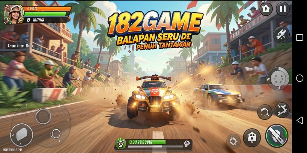 Screenshot utama 182GAME menampilkan aksi balapan yang mendebarkan.
