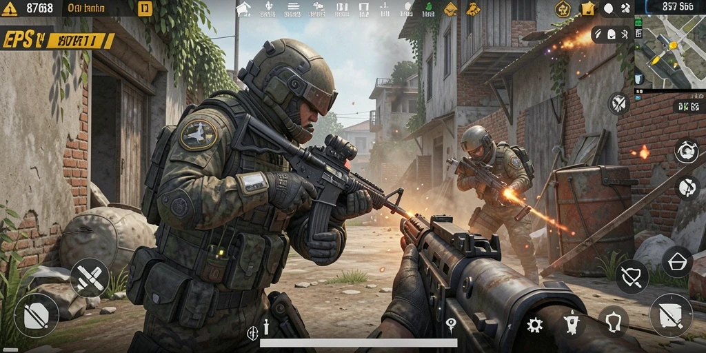 Screenshot gameplay <strong>8768</strong> menampilkan aksi tembak-menembak intens.