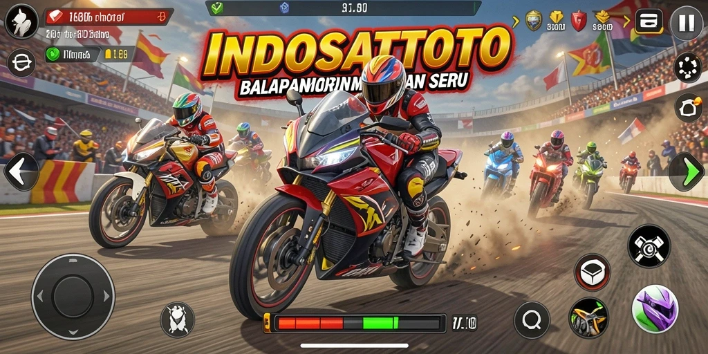 Tangkapan layar gameplay INDOSATTOTO dengan balapan motor yang seru.