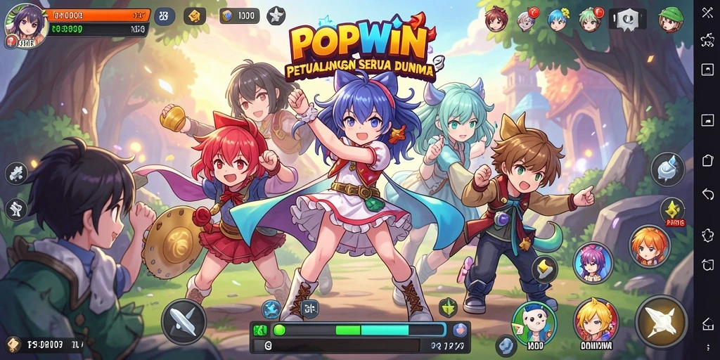 Tampilan gameplay POPWIN dengan karakter anime yang menarik.