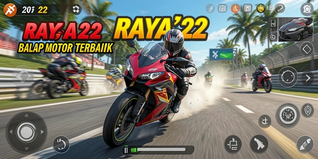 Gameplay menegangkan dari RAYA22 saat balapan motor.