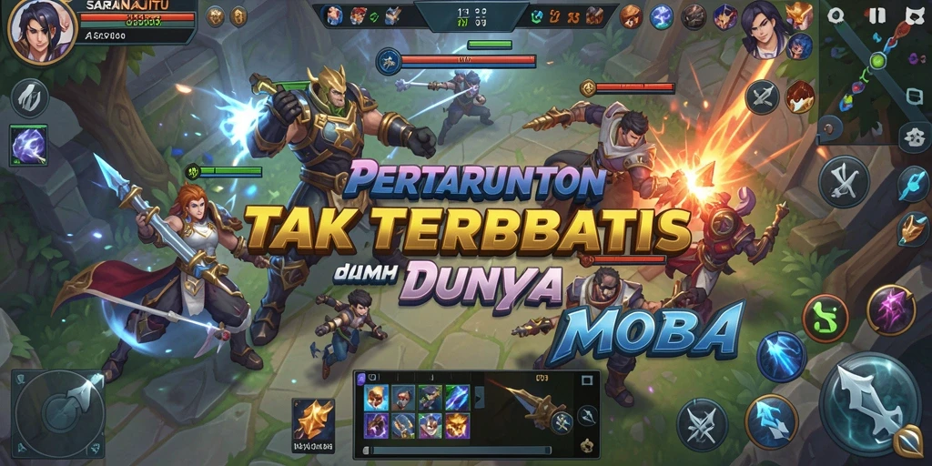 Screenshot utama SARANAJITU menampilkan aksi laga yang mendebarkan dalam gameplay MOBA.