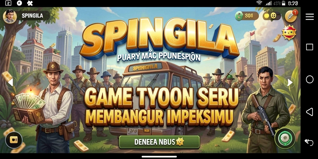 Screenshot gameplay SPINGILA yang menunjukkan manajemen bisnis.
